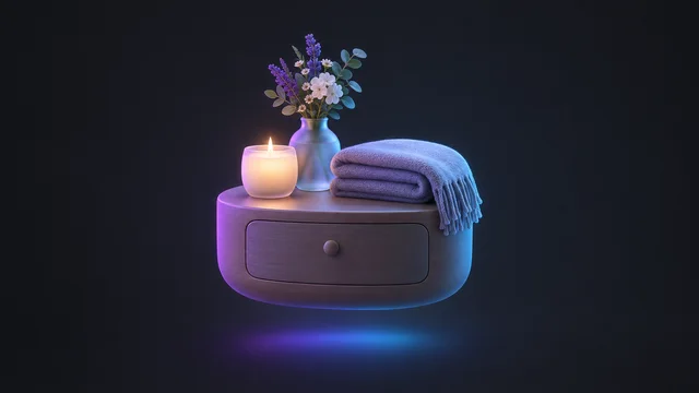 Illustration: a candle, a small vase of flowers and a folded blanket on a bedside table