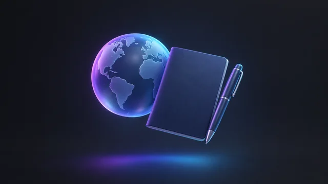 Illustration: a globe beside a closed booklet and a pen