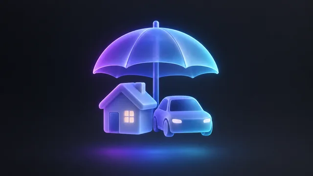 Illustration: a house and a car under one glowing umbrella