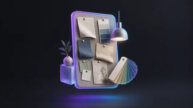 Illustration: a mood board with fabric swatches and paint chips beside a pendant lamp