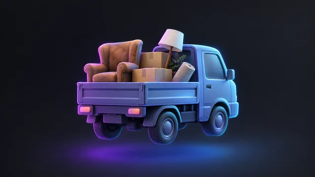 Illustration: a small truck carrying an armchair, boxes and a lamp