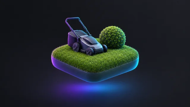 Illustration: a lawn with a mower and a shrub
