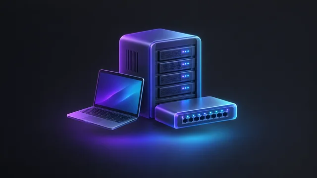 Illustration: a server rack beside a laptop and a network switch