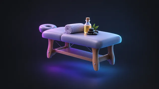 Illustration: a massage table with a rolled towel, an oil bottle and smooth stones