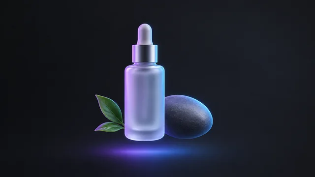 Illustration: a frosted serum bottle beside a spa stone and a leaf