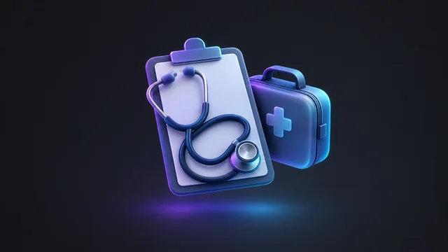 Illustration: a stethoscope on a clipboard beside a medical bag