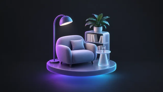 Illustration: a calm office corner with an armchair, a floor lamp, a bookshelf and a plant