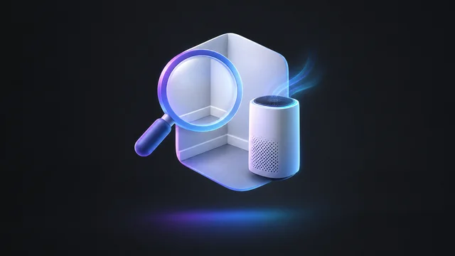 Illustration: a magnifying glass on a wall corner beside an air purifier