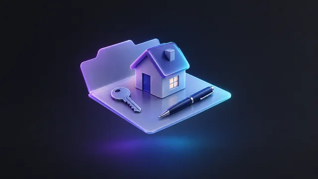 Illustration: a small house on an open folder beside a key and a pen