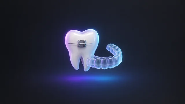 Illustration: a tooth with a brace bracket and a clear aligner tray