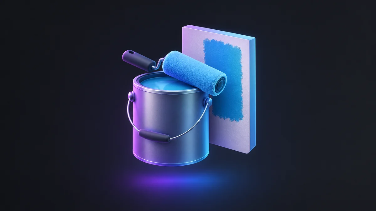 Illustration: a paint can with a roller resting across it, in front of a board with a fresh stripe of blue paint.