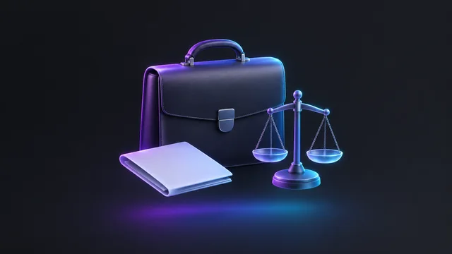 Illustration: a briefcase beside a scale of justice and a folded document