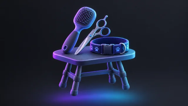 Illustration: a grooming brush, scissors and a dog collar on a grooming table