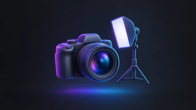 Illustration: a camera with a large lens beside a softbox light