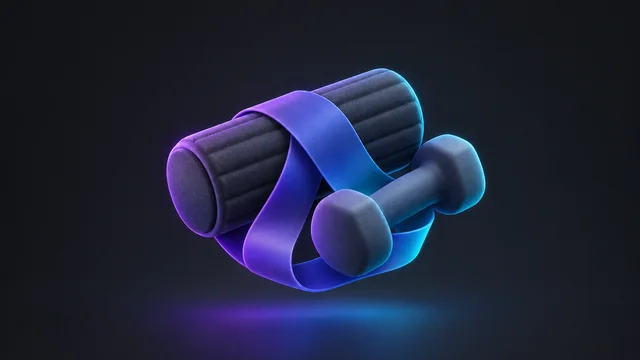 Illustration: a resistance band around a foam roller beside a hand weight