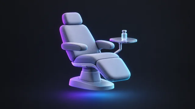 Illustration: a consultation chair beside a small tray with a glass vial