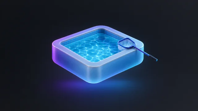 Illustration: a pool section with clear water and a skimmer net