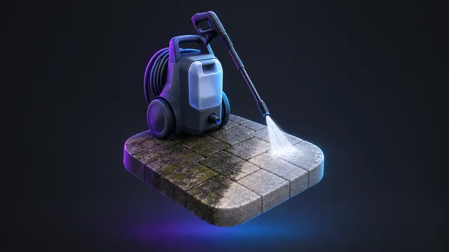 Illustration: a pressure washer spraying a clean stripe across a paver patio
