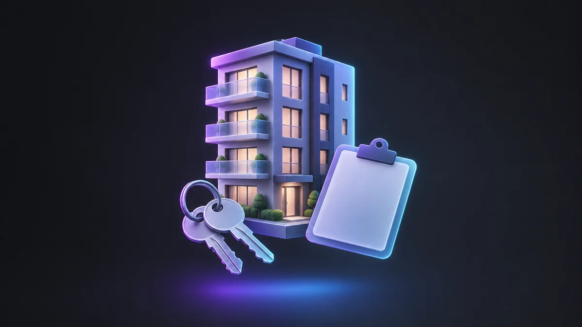 Illustration: a small apartment building beside a ring of keys and a blank clipboard, lit in purple and blue.