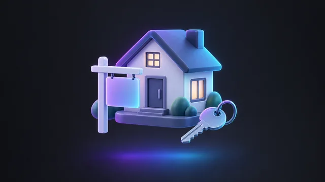 Illustration: a house with a blank sign post and a key on a ring