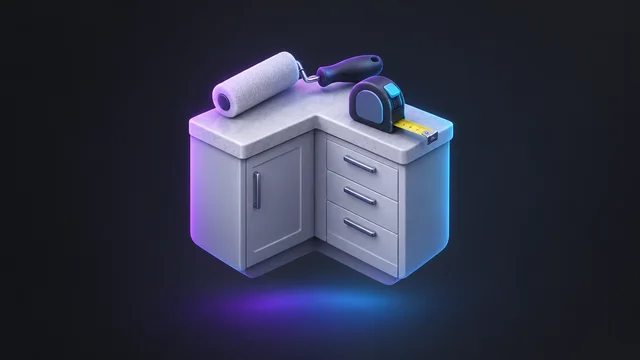 Illustration: a kitchen cabinet with a paint roller and tape measure