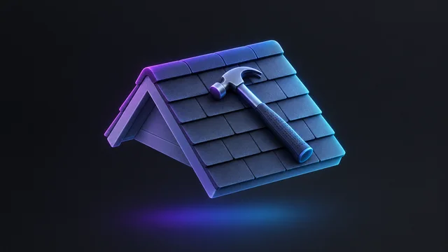 Illustration: a roof section with shingles and a roofing hammer