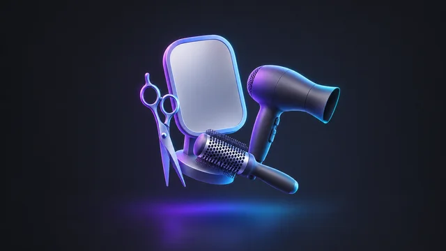 Illustration: scissors, a round brush and a blow dryer beside a mirror
