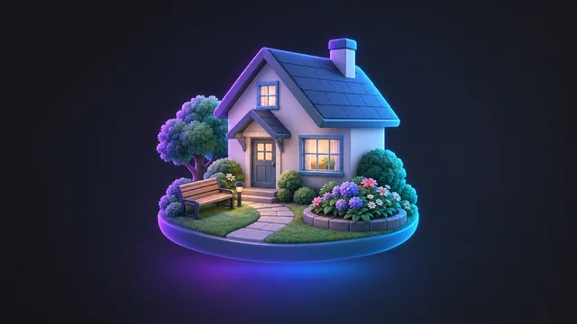 Illustration: a cottage residence with a garden bench and flower beds