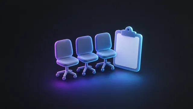 Illustration: three office chairs in a row beside a clipboard