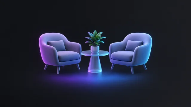 Illustration: two armchairs facing each other with a plant between them