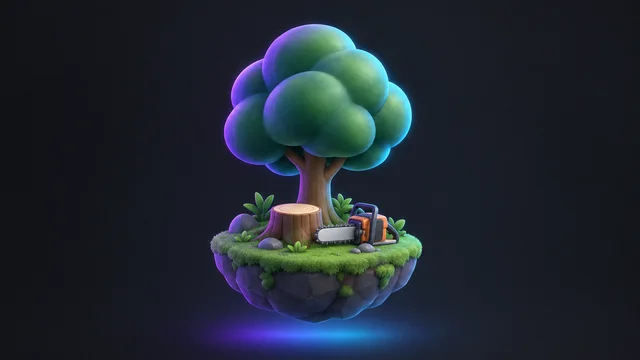 Illustration: a tree beside a cut stump and a chainsaw