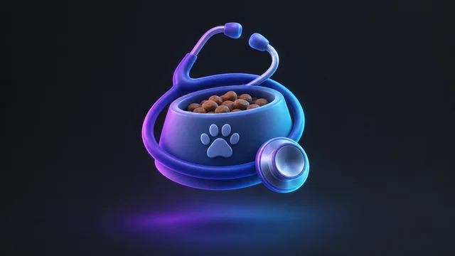 Illustration: a stethoscope around a pet food bowl with a paw print