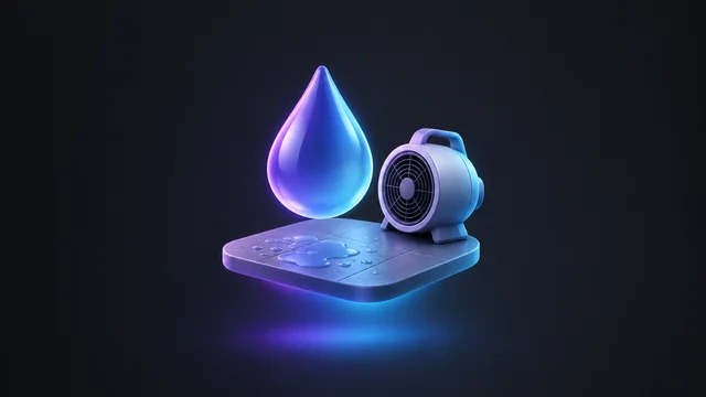 Illustration: a water droplet over a floor with a drying fan