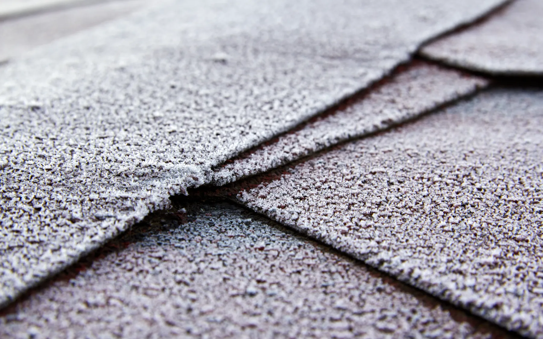 Frost coats the granules of asphalt roof shingles on a cold winter morning.