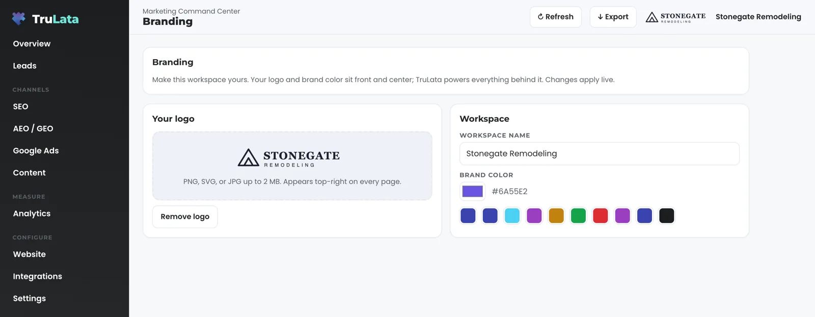 The Branding view for a fictional remodeler, Stonegate Remodeling: its wordmark in the logo card and in the top right of the header, the workspace name field, a brand colour swatch, and the colour swatches.