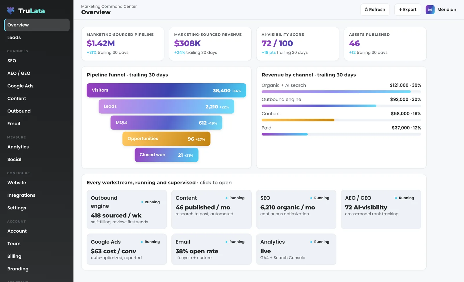 The public demo's Overview for the fictional company Meridian: four headline cards, a pipeline funnel from visitors to closed won, revenue by channel and a grid of workstreams each marked Running.