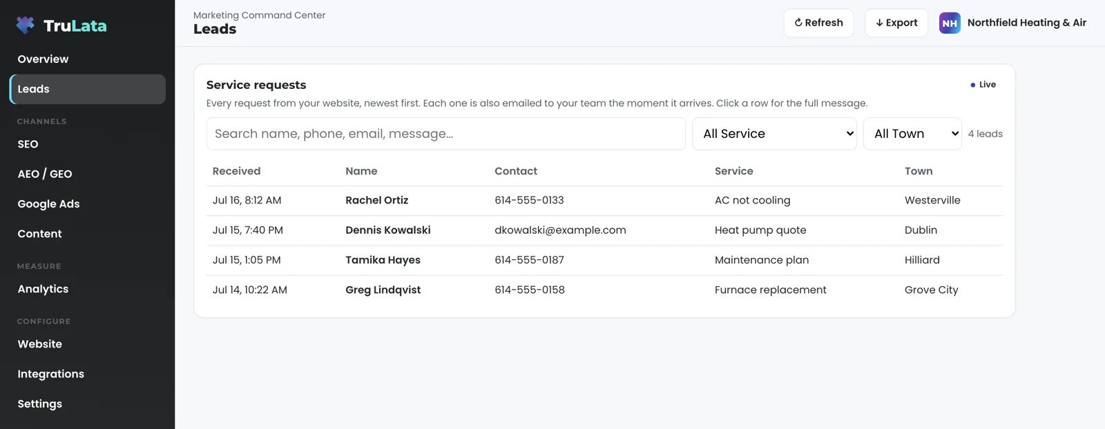 The Leads view for the same fictional HVAC company: a Service requests table marked Live, newest first, with an AC not cooling request from Westerville, a heat pump quote from Dublin, a maintenance plan from Hilliard and a furnace replacement from Grove City.