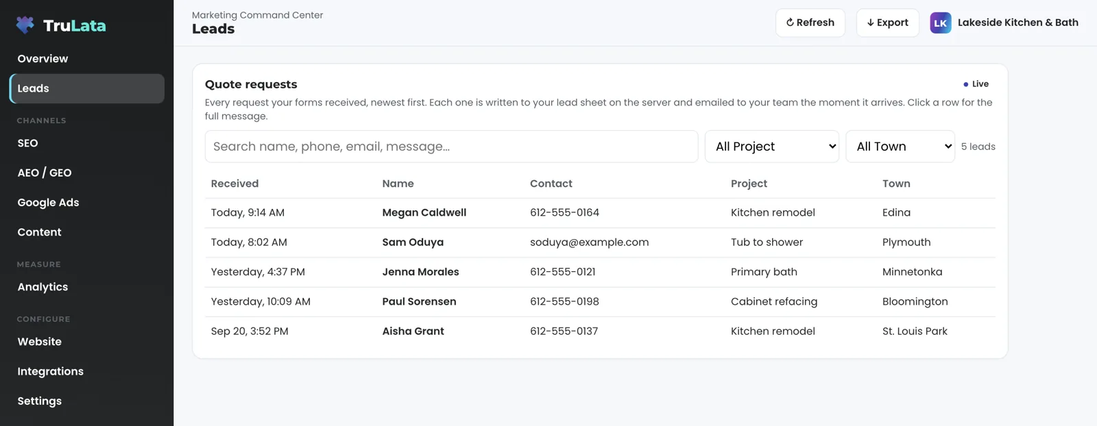 The Leads view for a fictional kitchen and bath remodeler, Lakeside Kitchen & Bath: a Quote requests table marked Live with a search box, project and town filters, and five requests newest first, from a kitchen remodel in Edina to a kitchen remodel in St. Louis Park.