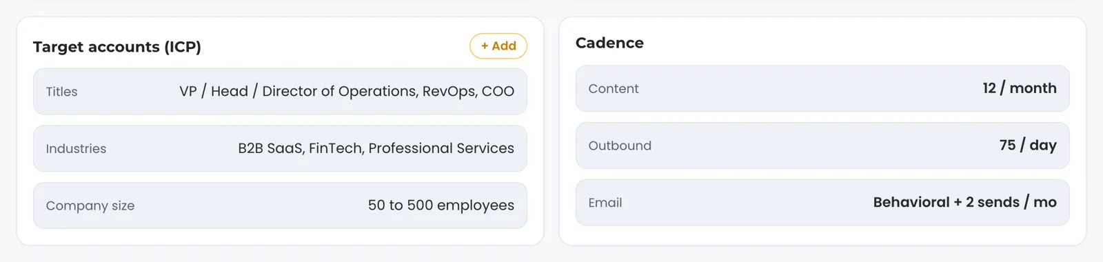 Two Settings cards on the demo: Target accounts (ICP) with titles, industries and company size and an Add button, beside a Cadence card with content 12 per month, outbound 75 per day and email behavioral plus 2 sends a month.