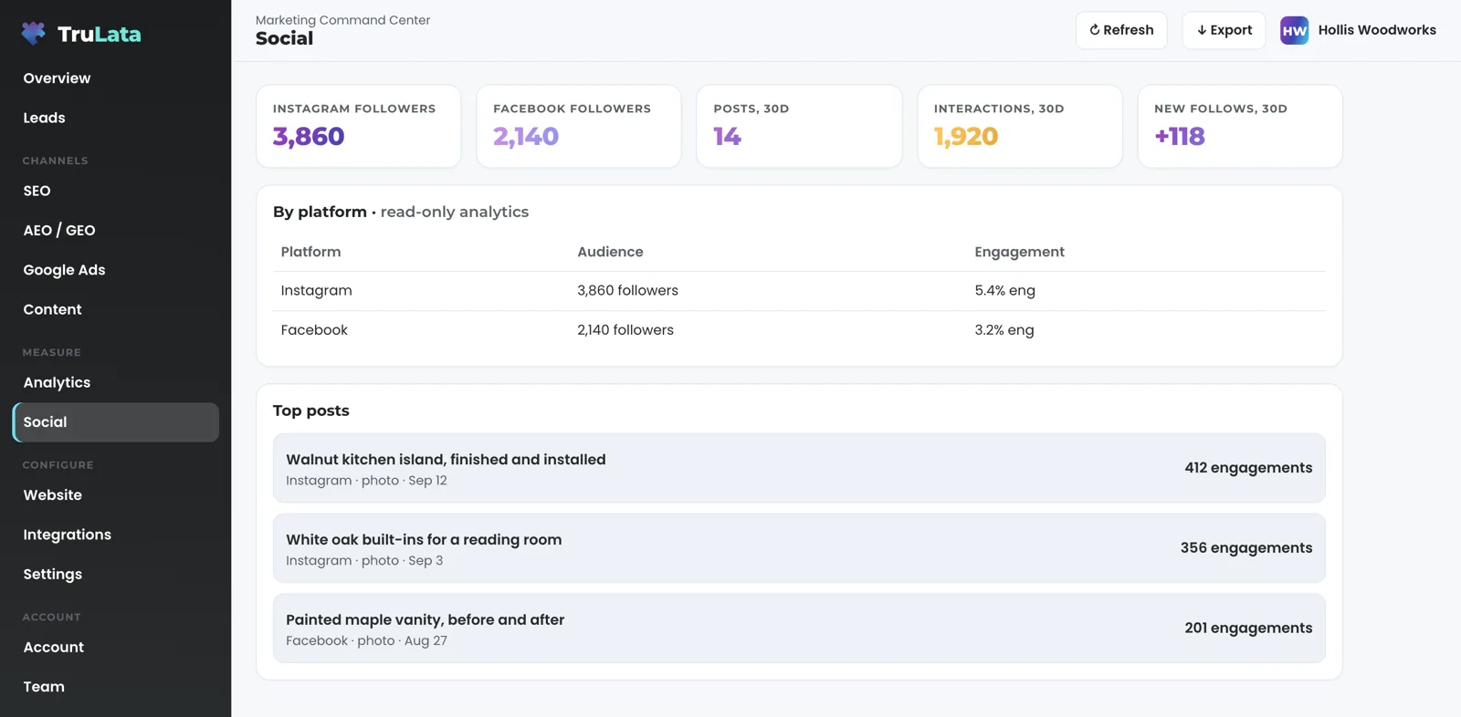 The Social view for a fictional cabinet maker, Hollis Woodworks: stat cards for Instagram and Facebook followers, posts, interactions and new follows over 30 days, a read-only by-platform table for Instagram and Facebook, and top posts led by a walnut kitchen island.