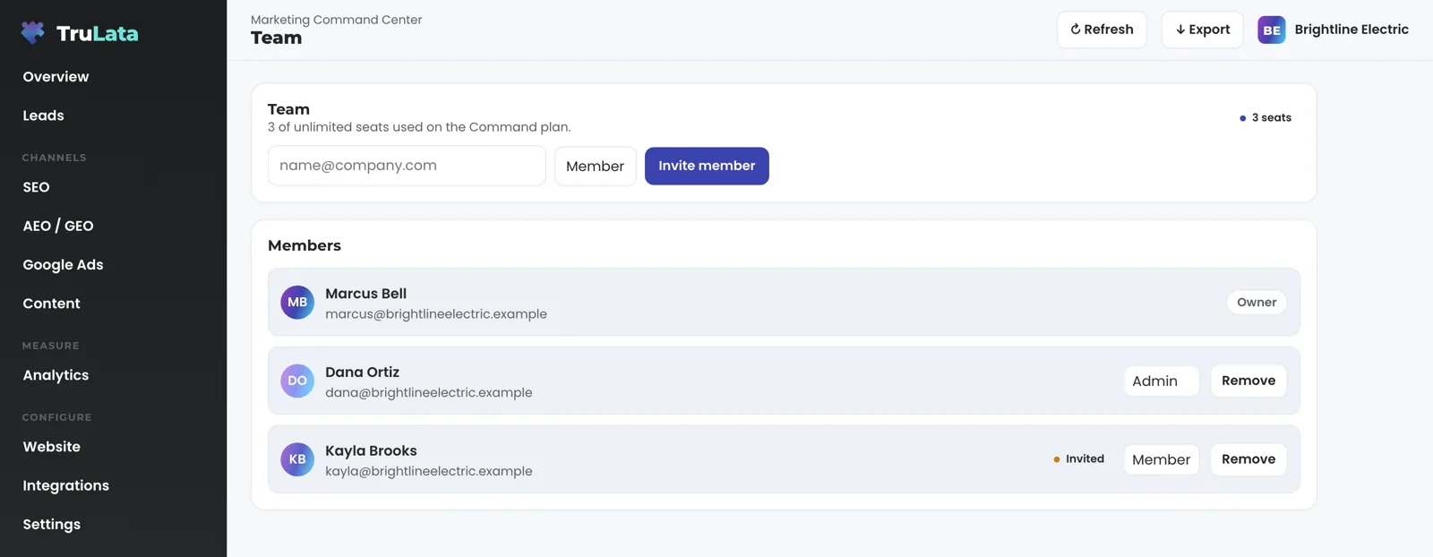 The Team view for a fictional electrician: an invite form with an email field and a Member or Admin selector, and a members list with the owner, an admin and a new member whose seat is marked Invited.
