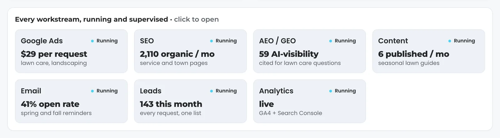 Every workstream card from a TruLata Overview for a fictional lawn company: Google Ads at $29 per request, SEO at 2,110 organic visits a month, AEO / GEO at 59, Content at 6 published a month, Email at a 41% open rate, Leads at 143 this month and Analytics live, each marked Running.