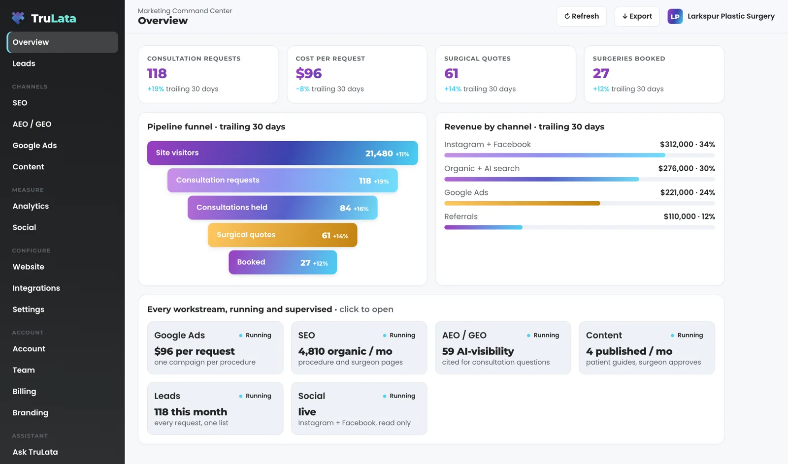 TruLata Overview for a fictional plastic surgery practice, Larkspur Plastic Surgery: consultation requests, cost per request, surgical quotes and surgeries booked across the top, a funnel from site visitors through consultations held and surgical quotes to booked, revenue by channel with Instagram and Facebook first, and a card for each workstream marked Running.