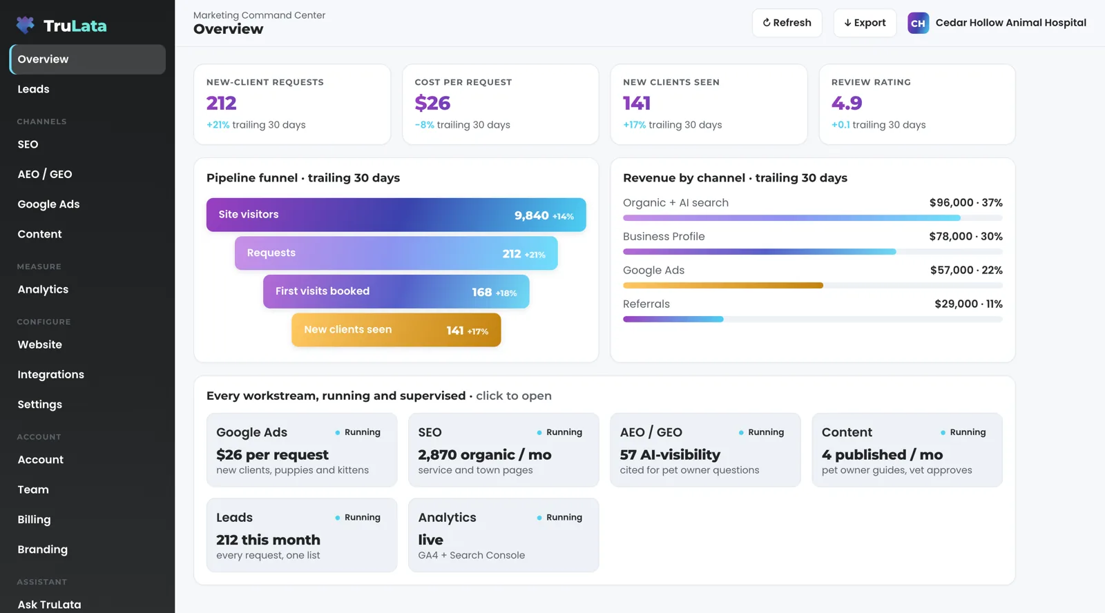 TruLata Overview for a fictional animal hospital, Cedar Hollow Animal Hospital: new-client requests, cost per request, new clients seen and review rating across the top, a funnel from site visitors to new clients seen, revenue by channel, and a card for each workstream marked Running.