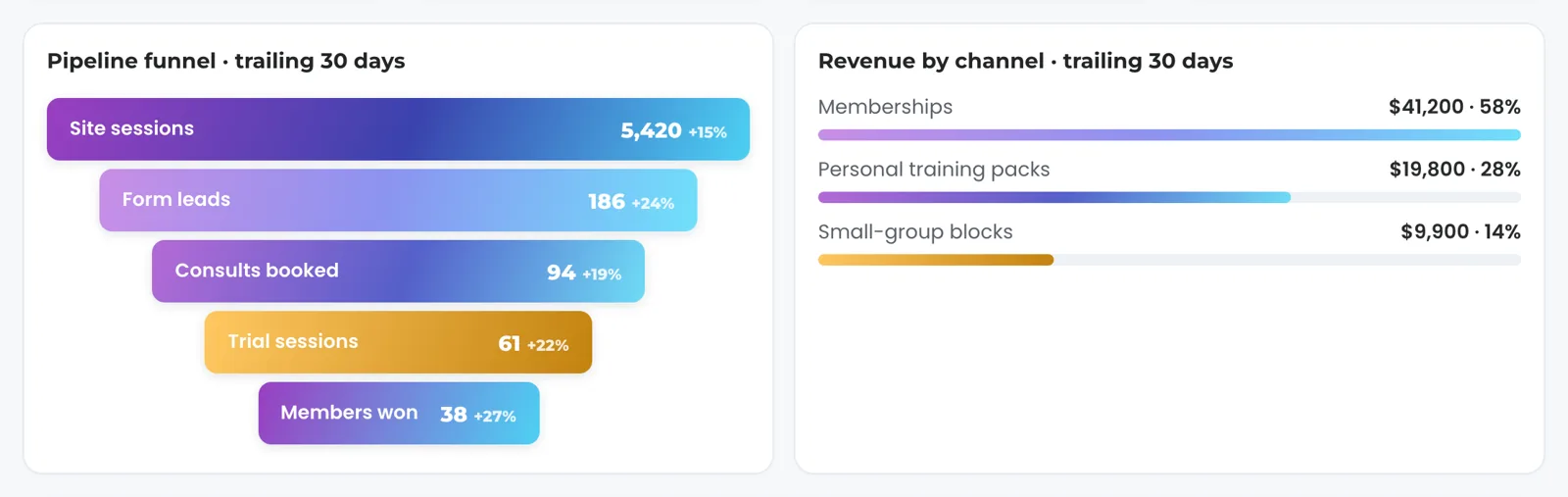 The pipeline funnel card for a fictional strength gym: site sessions, form leads, consults booked, trial sessions and members won, each bar narrower than the one above, beside revenue by channel.
