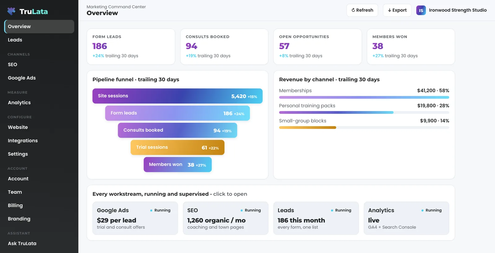TruLata Overview for a fictional strength gym: form leads, consults booked, open opportunities and members won across the top, the pipeline funnel, revenue by channel and the running workstreams.