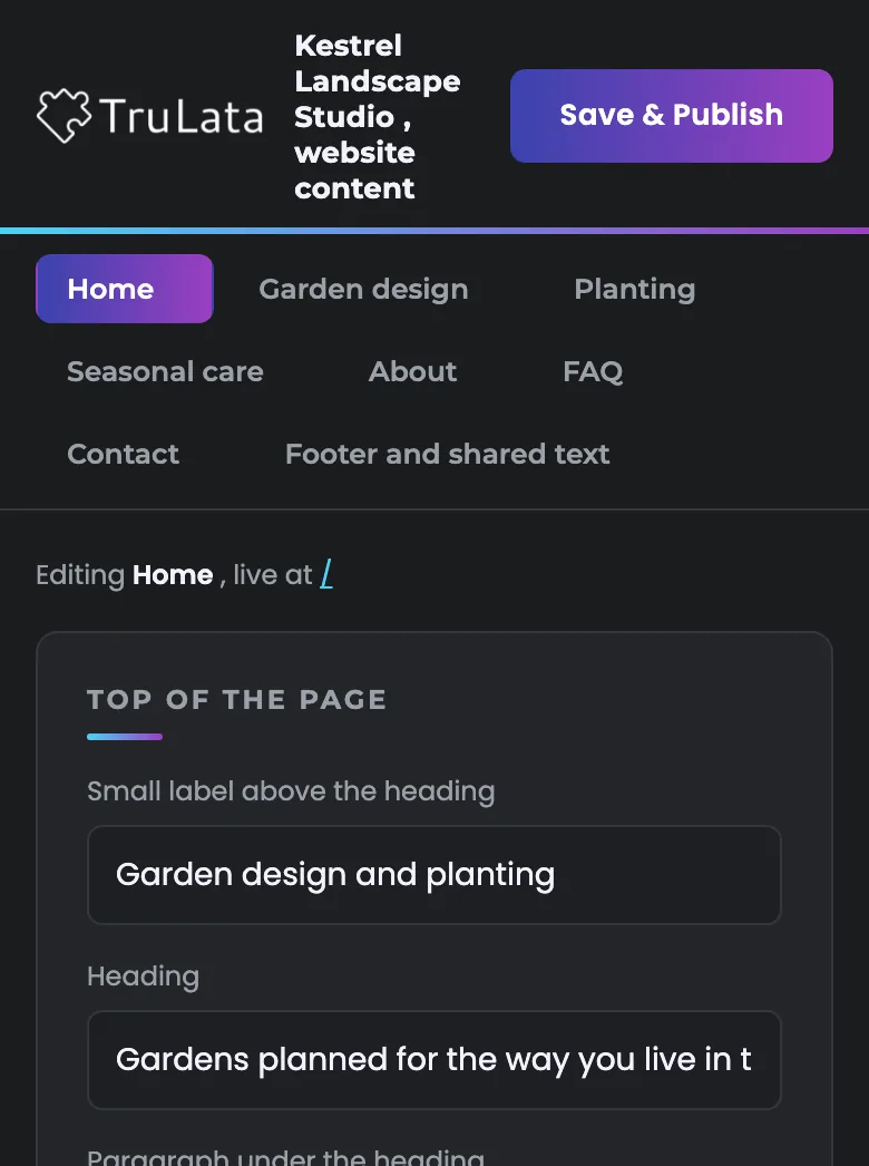 The site editor open on a phone for a fictional garden design studio, showing its own page tabs and the first labelled fields.