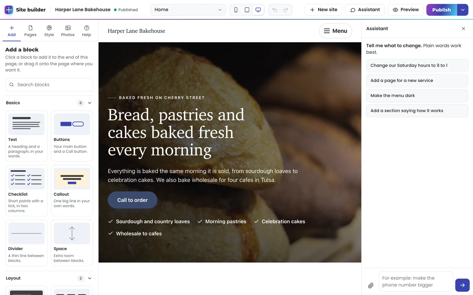 The TruLata site builder open on an example bakery site: the block library on the left with text, buttons, checklist and callout blocks, the bakery's home page in the middle, and the assistant on the right offering changes such as Make the menu dark.