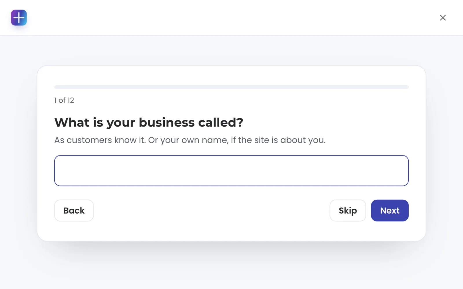The site builder's first question, What is your business called?, marked 1 of 12, with an empty answer box and Back, Skip and Next buttons.