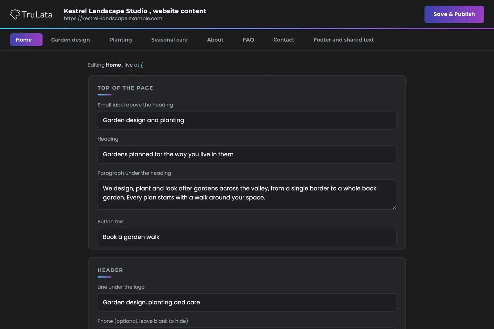 The site editor for a fictional garden design studio: a tab for each page across the top, and labelled fields such as Small label above the heading, Heading, Paragraph under the heading and Button text, with a Save and Publish button.